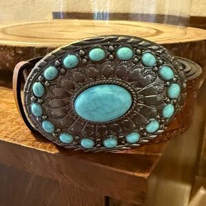 Faux Brown Leather Belt with Faux Turquoise accents